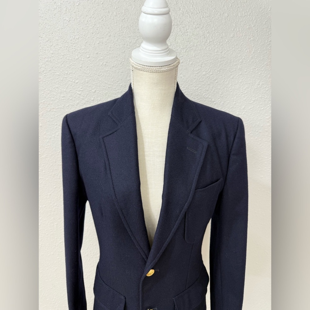 Vintage 90s Ralph Lauren Navy Wool Blazer Gold Crest Buttons Made in USA Size S - Picture 2 of 15